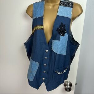 Rampage Y2KVintage Denim Patchwork Heart Square Pockets Chain ButtonDown Vest M?